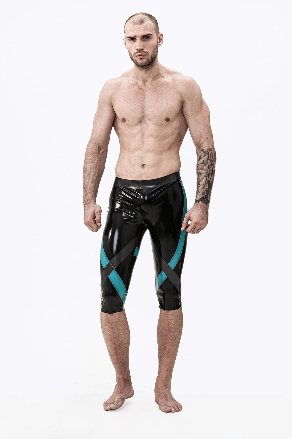 Black Male 'Crossways' Latex Knee-Length Latex Leggings