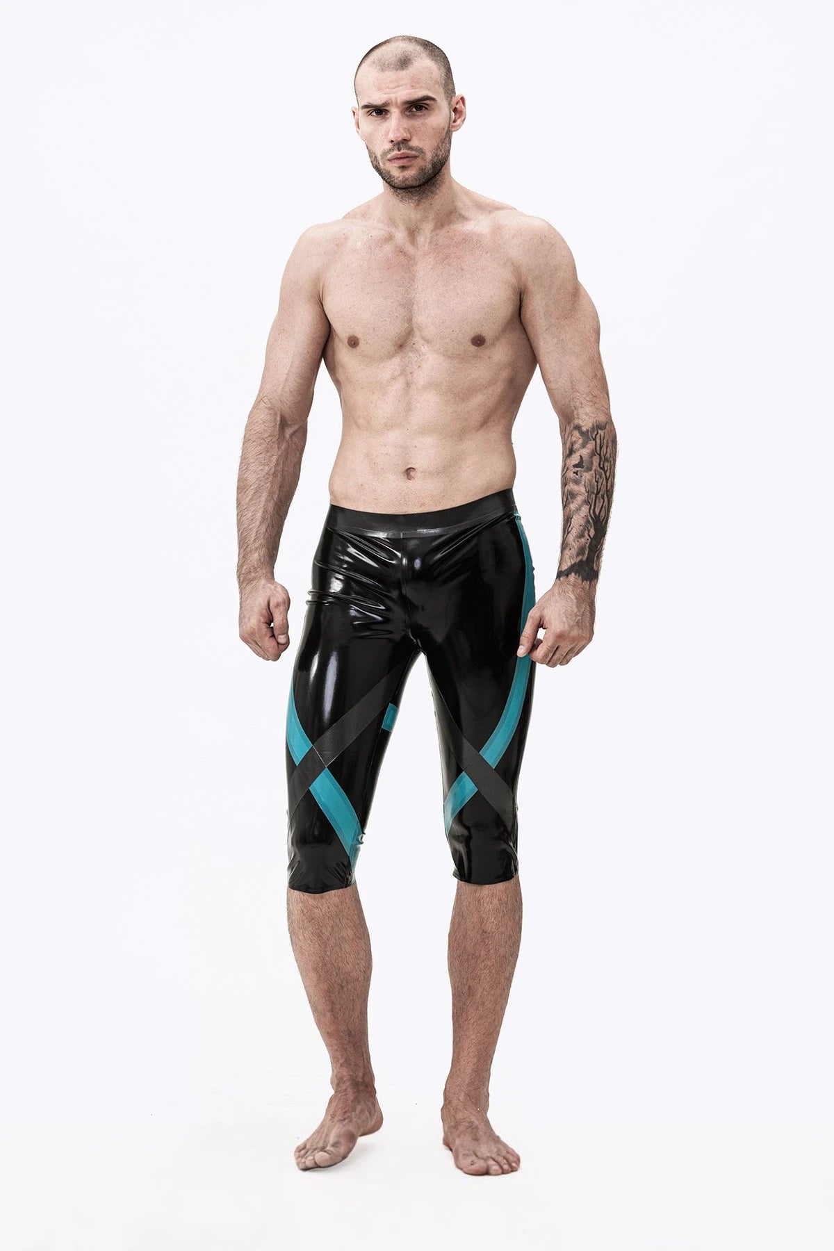 Black Male 'Crossways' Latex Knee-Length Latex Leggings