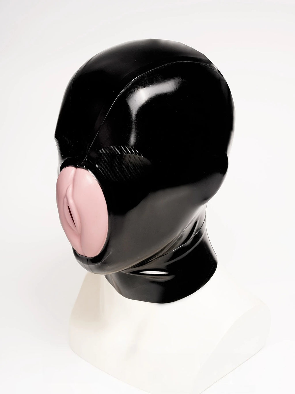 Black, trim color is Baby Pink (for mouth pussy) Micro-Perforated Pussy Mouth Latex Hood