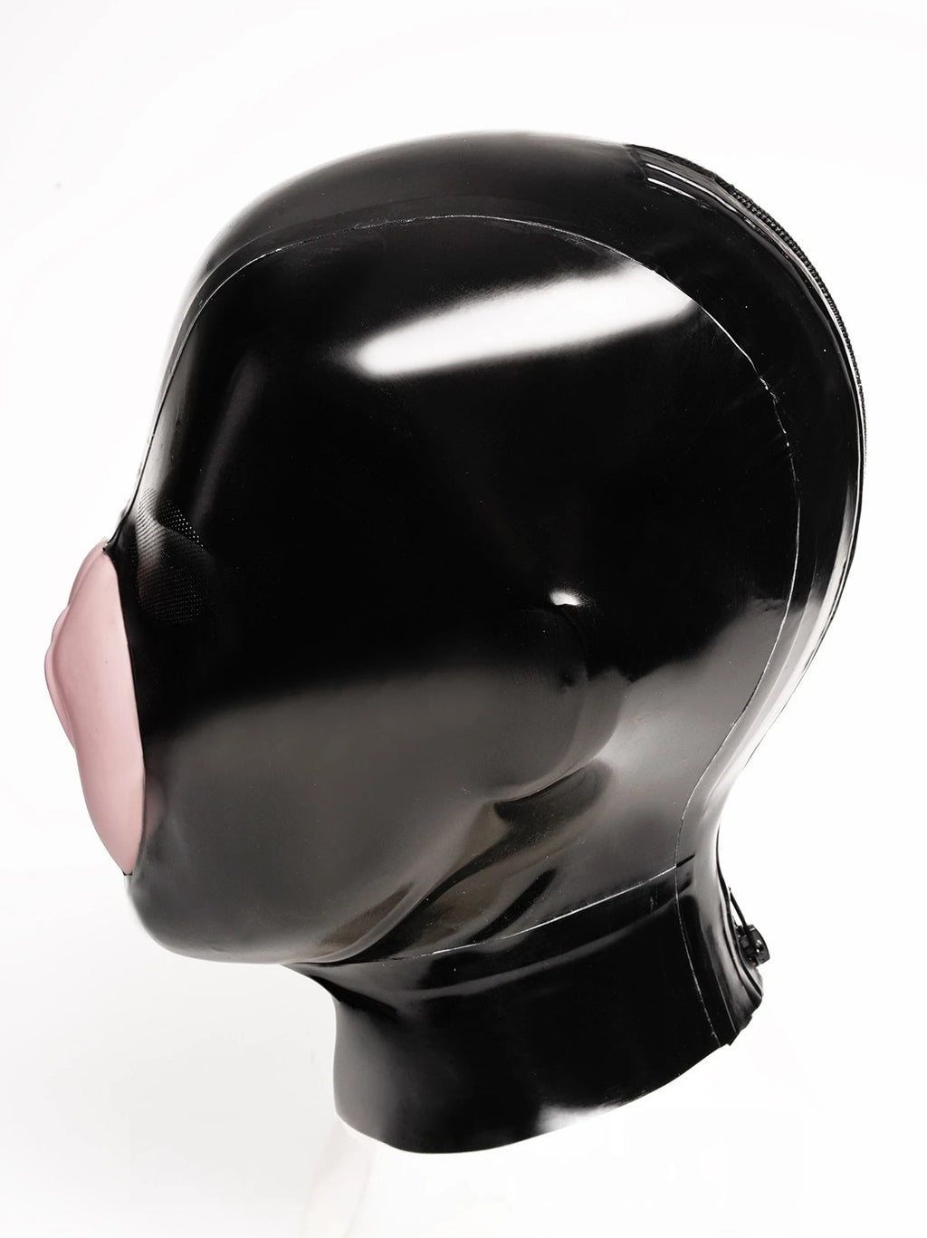 Black, trim color is Baby Pink (for mouth pussy) Micro-Perforated Pussy Mouth Latex Hood