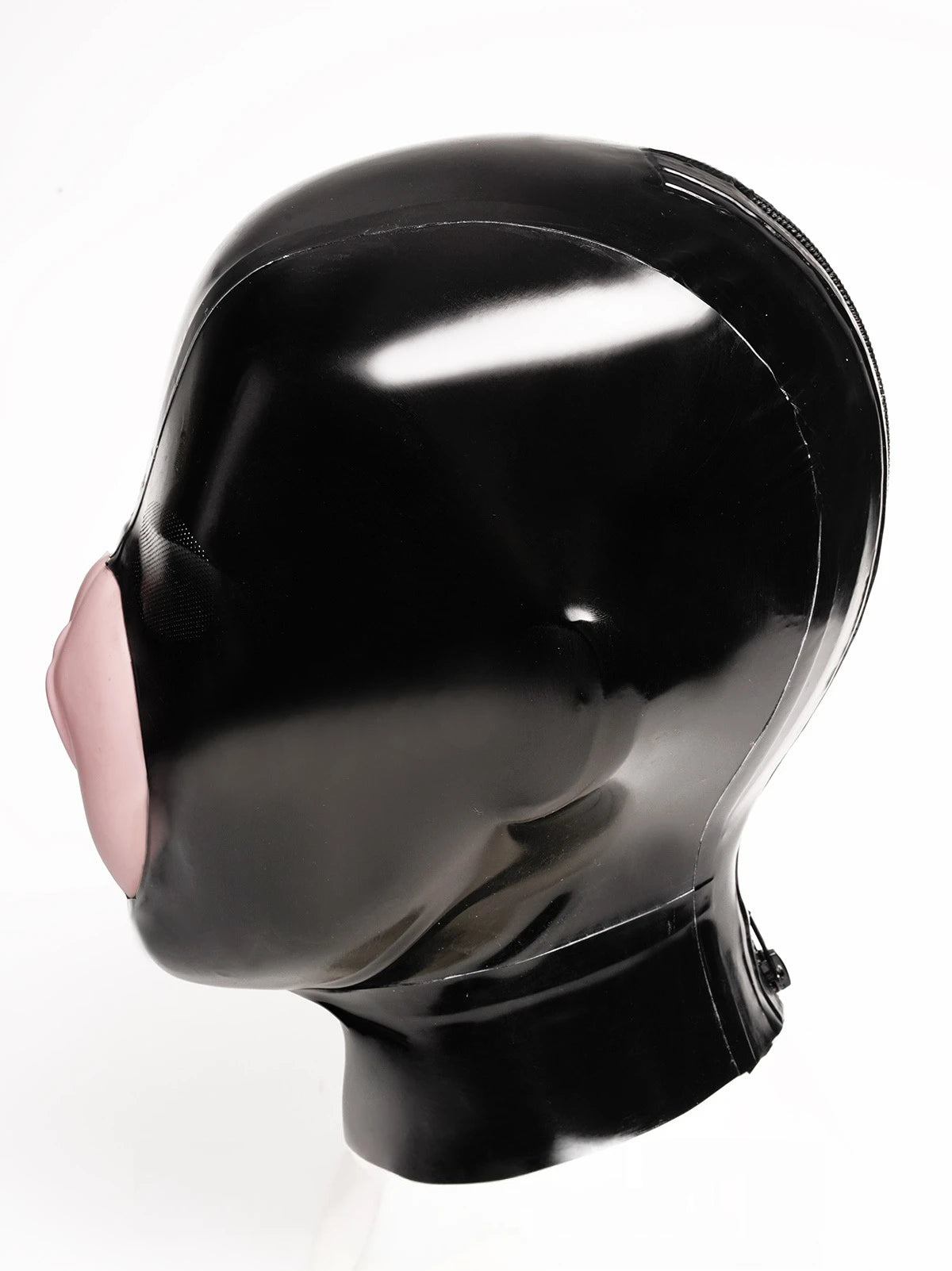 Black, trim color is Baby Pink (for mouth pussy) Micro-Perforated Pussy Mouth Latex Hood