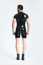 Black, trim color is Cream White Male Polo-Style Latex Surfsuit