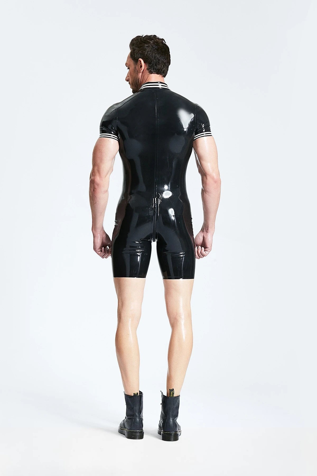 Black, trim color is Cream White Male Polo-Style Latex Surfsuit