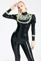 Black, trim color is Froo Froo Latex Catsuit