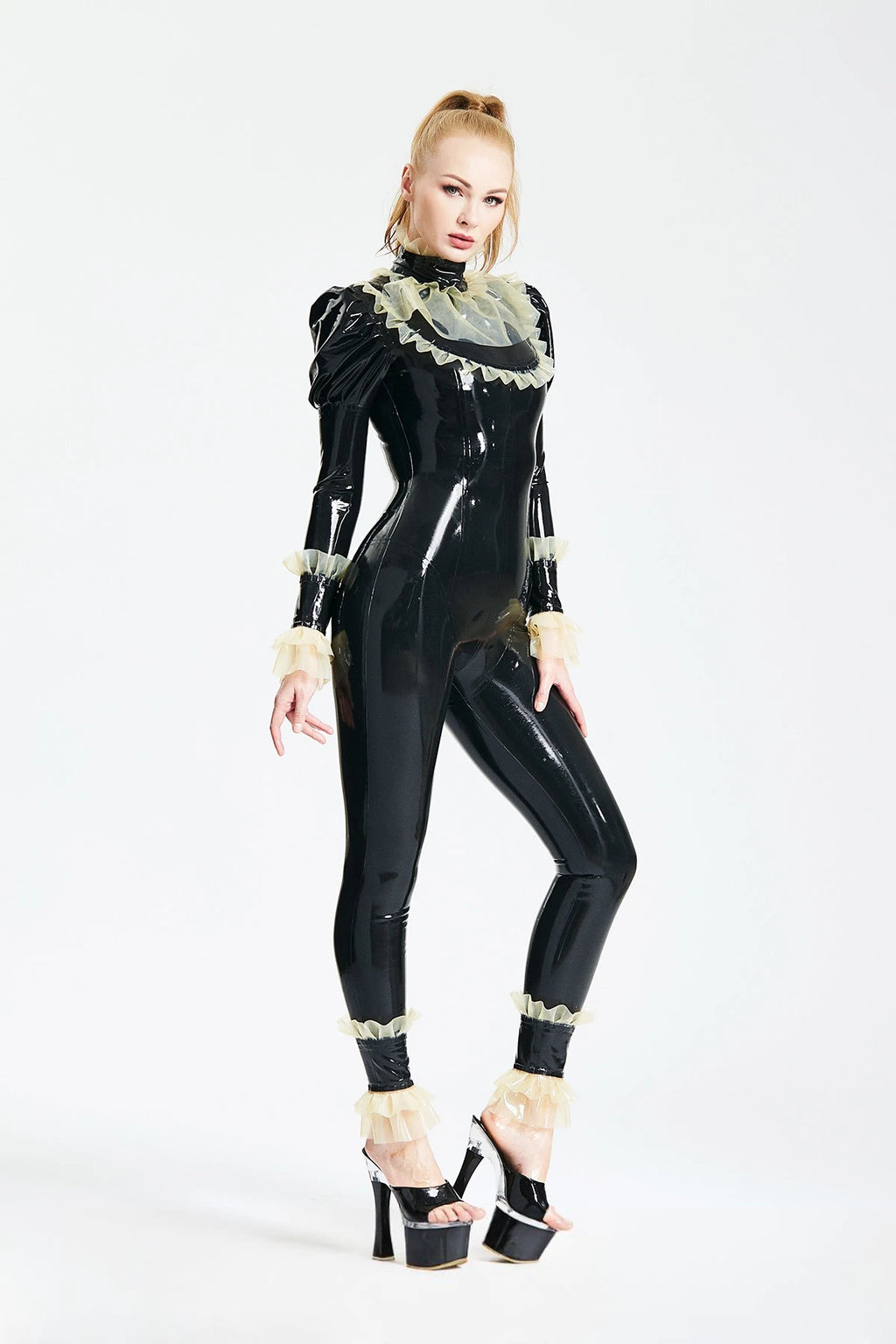 Black, trim color is Froo Froo Latex Catsuit