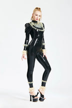 Black, trim color is Froo Froo Latex Catsuit