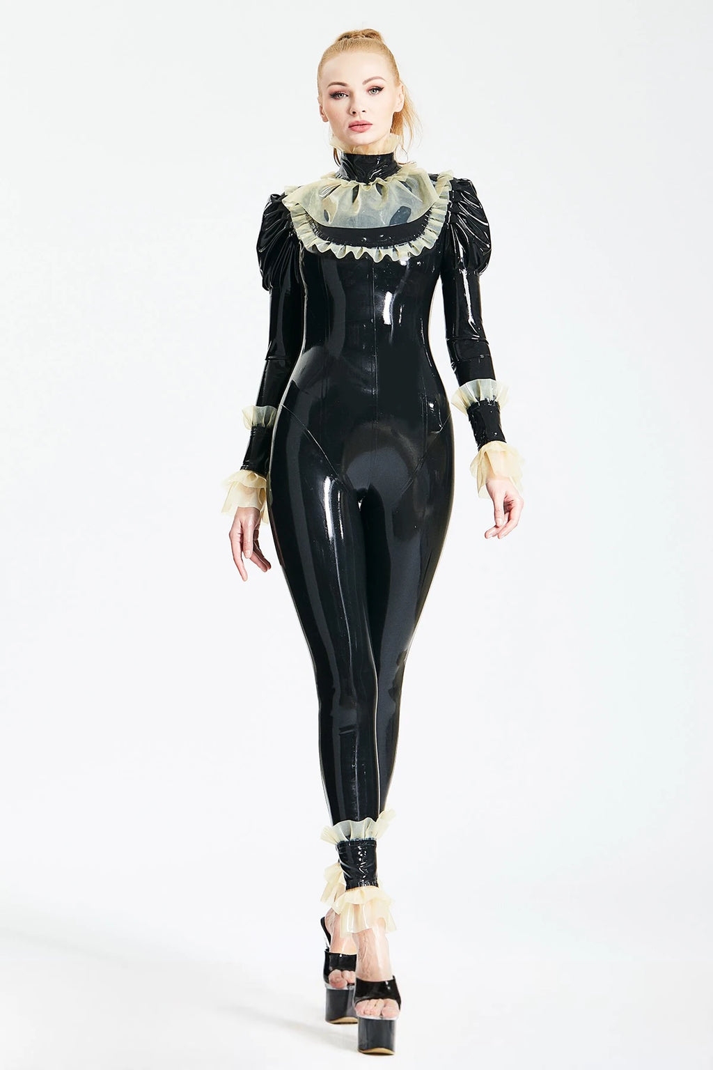 Black, trim color is Froo Froo Latex Catsuit