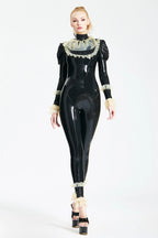 Black, trim color is Froo Froo Latex Catsuit