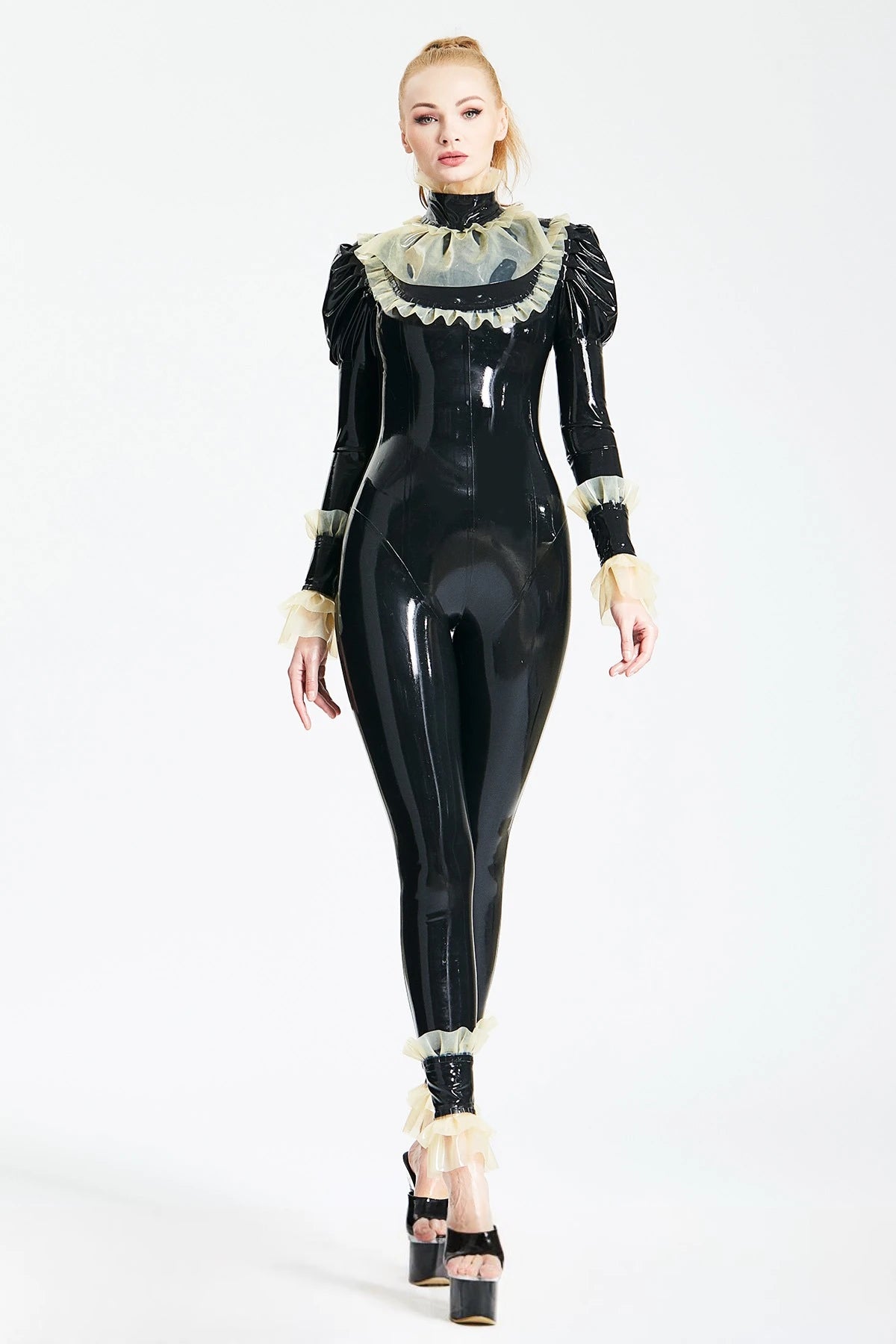 Black, trim color is Froo Froo Latex Catsuit