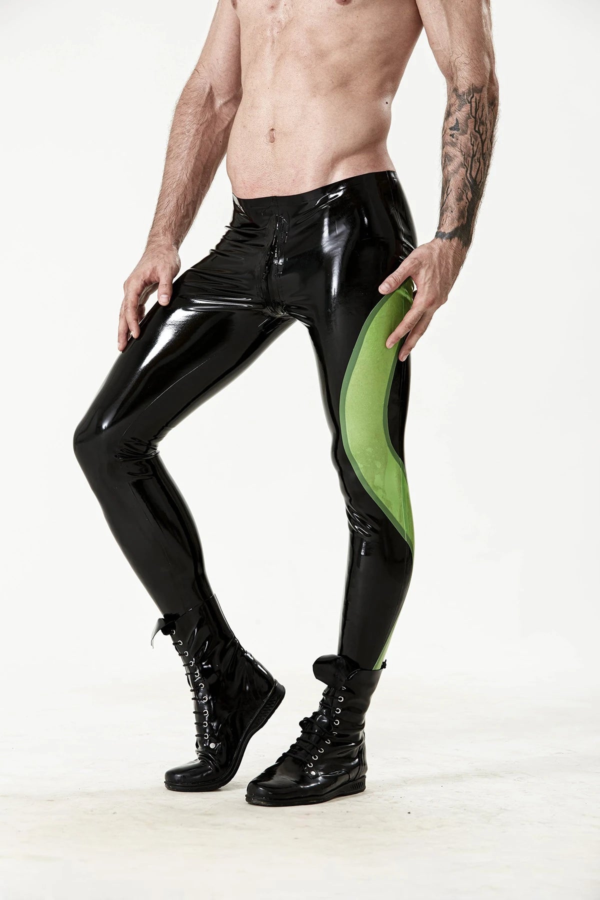Black Male Latex 'Side-Winder' Through-Zip Leggings