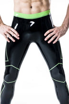 Black, trim color is Grass Green Male Tight Yoga Latex Leggings