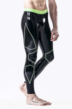 Black, trim color is Grass Green Male Tight Yoga Latex Leggings