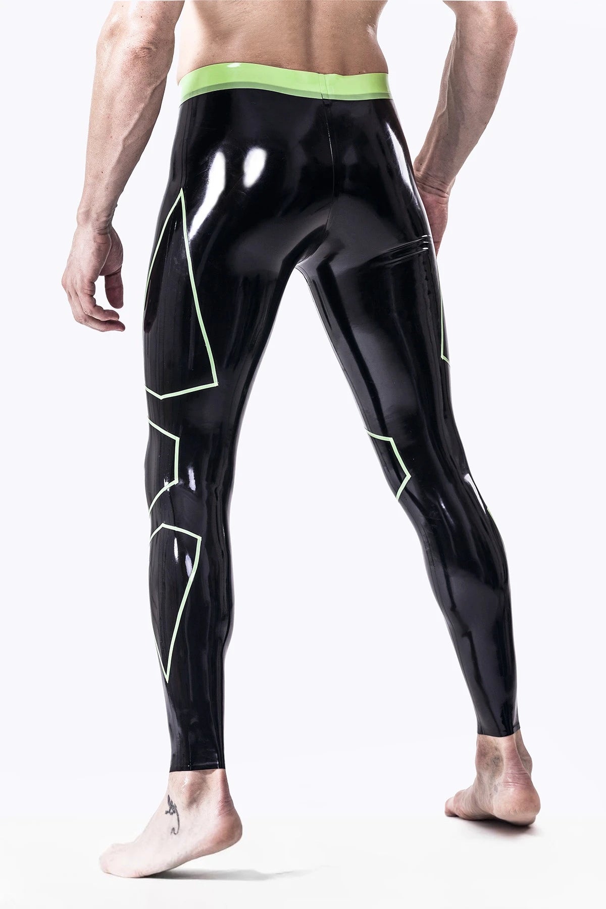Black, trim color is Grass Green Male Tight Yoga Latex Leggings