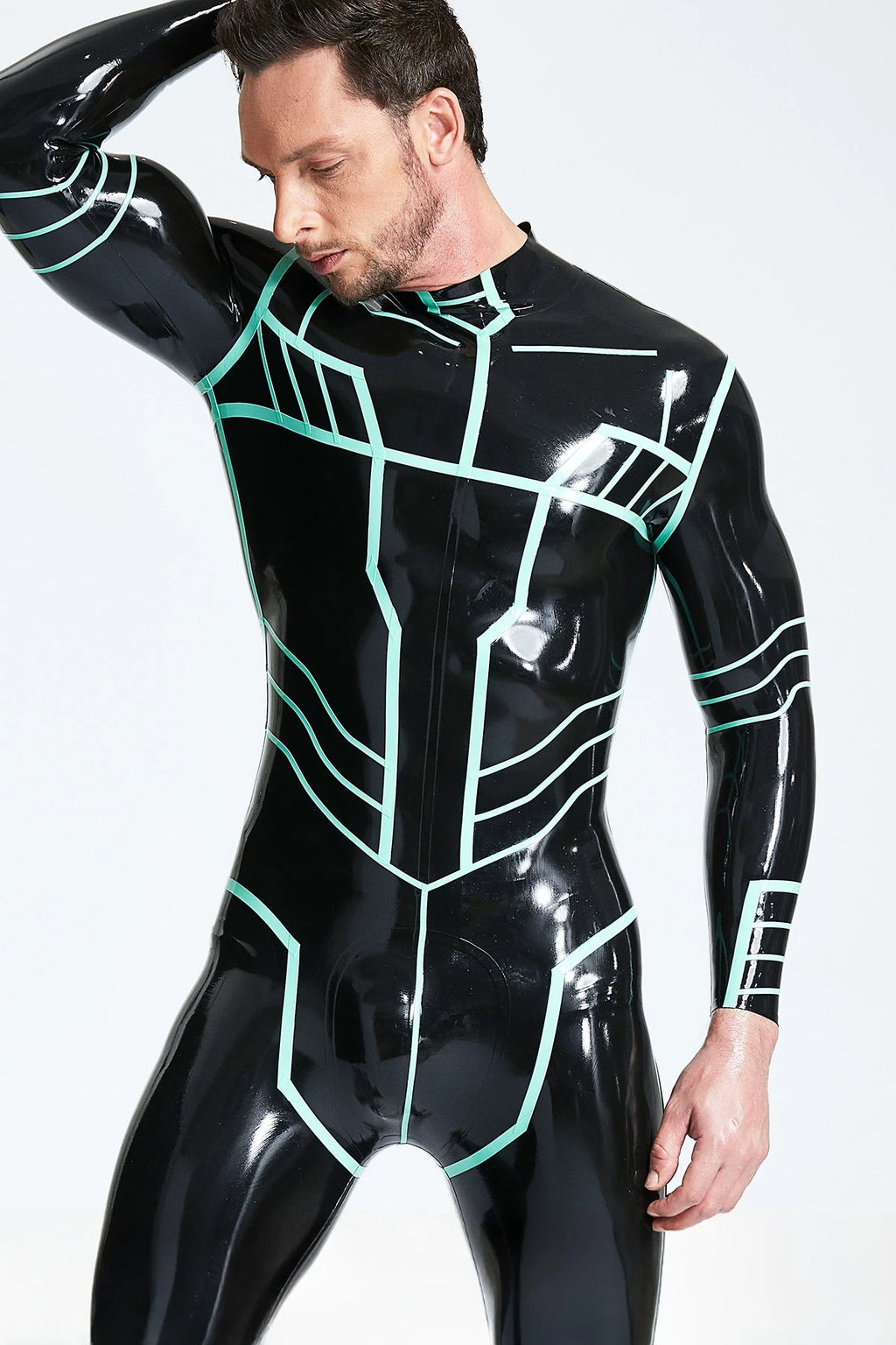 Black, trim color is Jade Green Male 'Paladin' Latex Catsuit
