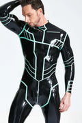 Black, trim color is Jade Green Male 'Paladin' Latex Catsuit