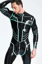 Black, trim color is Jade Green Male 'Paladin' Latex Catsuit