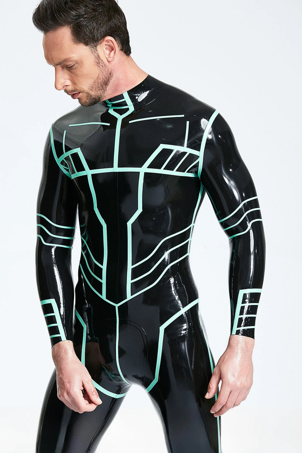 Black, trim color is Jade Green Male 'Paladin' Latex Catsuit