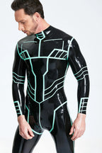 Black, trim color is Jade Green Male 'Paladin' Latex Catsuit