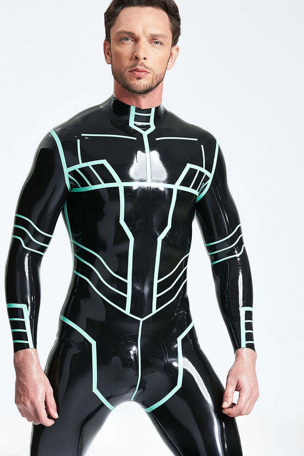 Black, trim color is Jade Green Male 'Paladin' Latex Catsuit