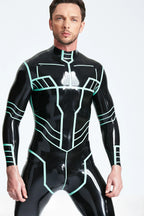 Black, trim color is Jade Green Male 'Paladin' Latex Catsuit