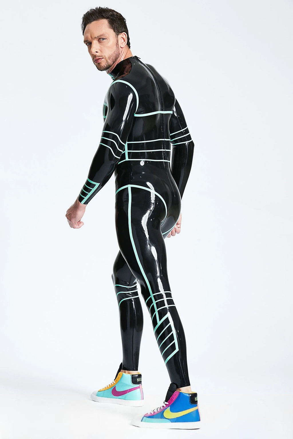 Black, trim color is Jade Green Male 'Paladin' Latex Catsuit