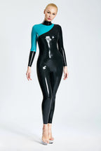 Black, trim color is Light Blue 'Slinger' Latex Catsuit
