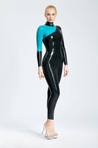 Black, trim color is Light Blue 'Slinger' Latex Catsuit