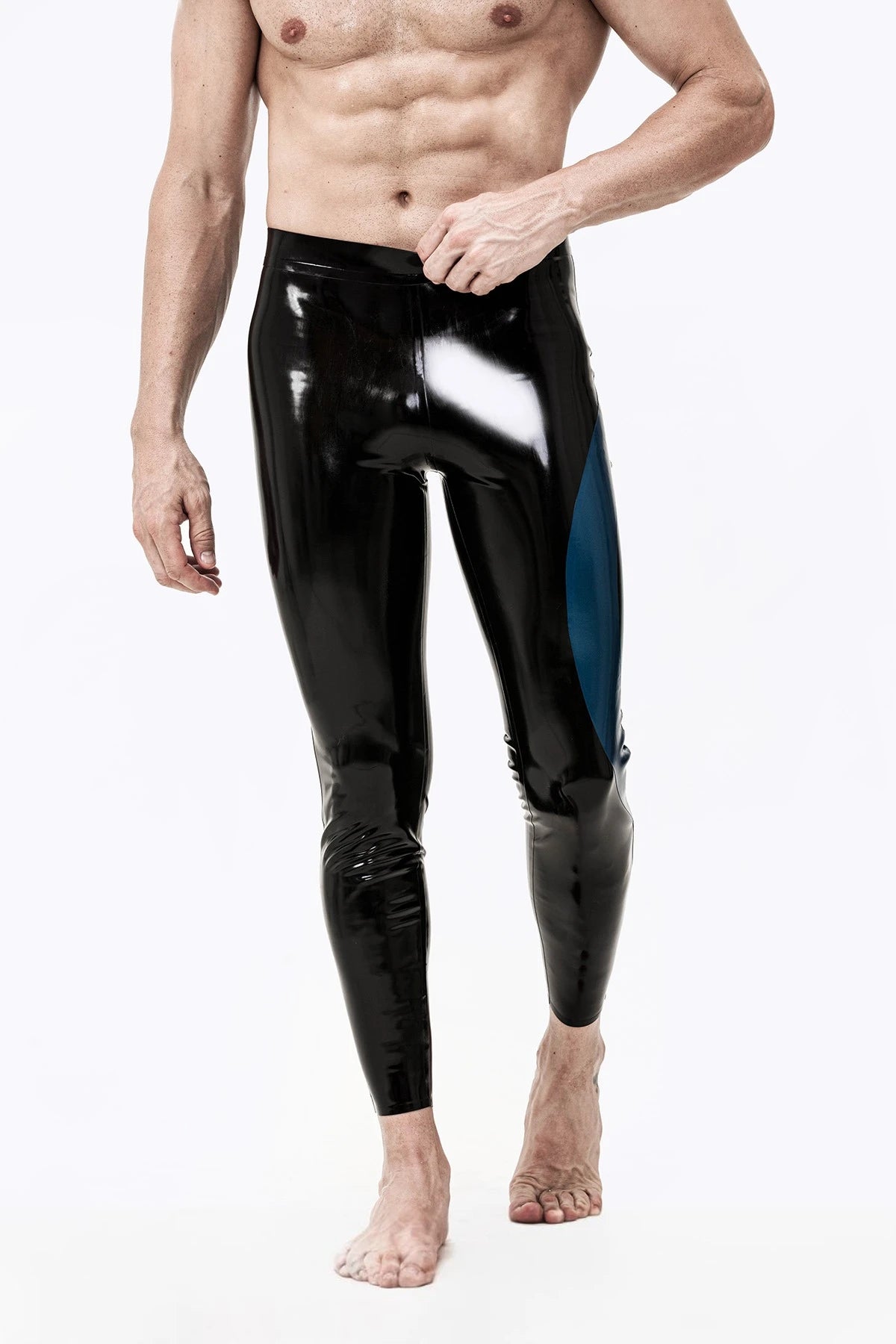 Black, trim color is Male 'Meander' Zipperless Latex Leggings