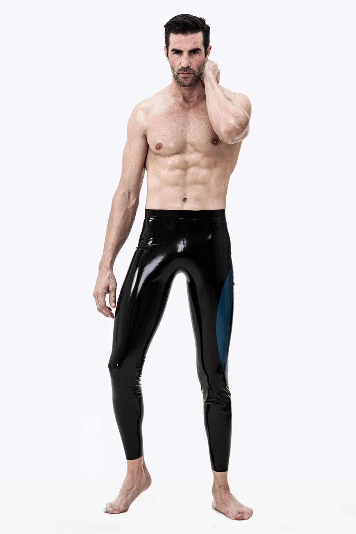 Black, trim color is Male 'Meander' Zipperless Latex Leggings