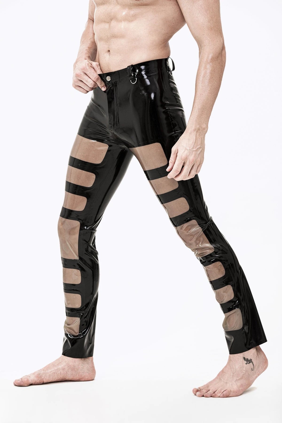 Black, trim color is Male Latex Panelled Romper Pants
