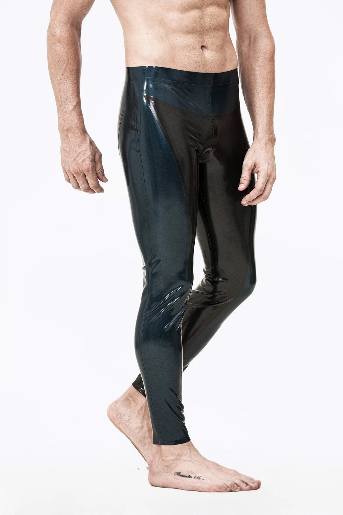 Black, trim color is Male 'Two-Tones' Latex Tights
