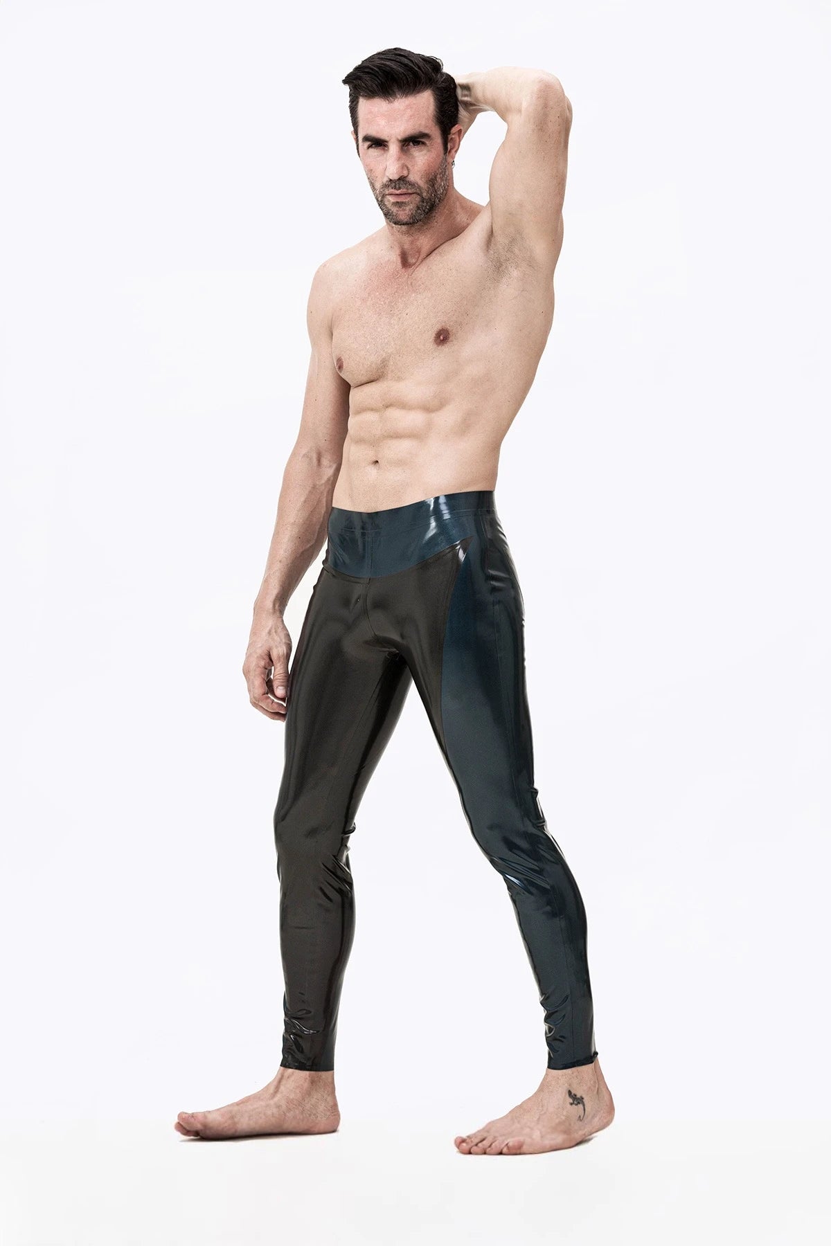 Black, trim color is Male 'Two-Tones' Latex Tights