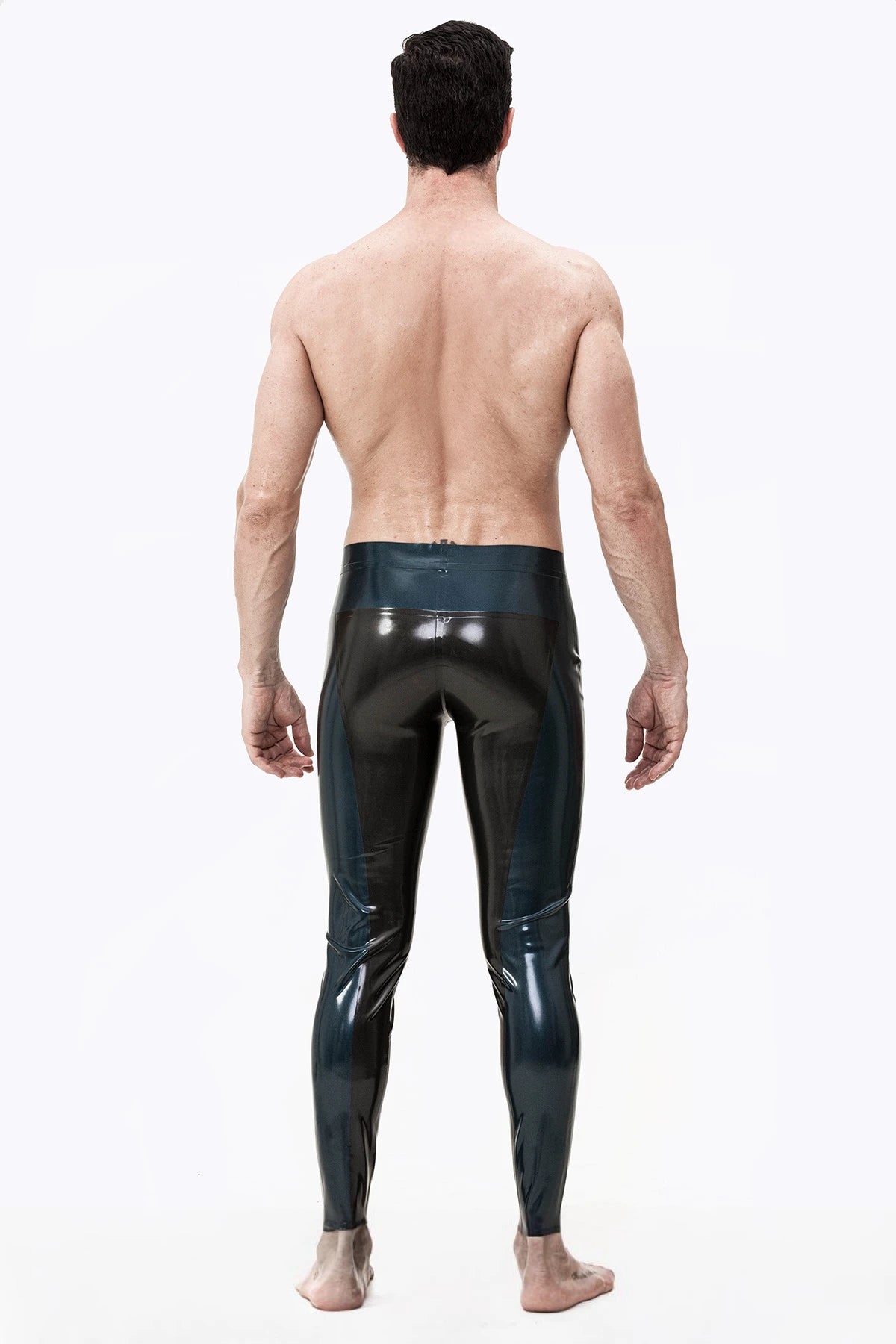 Black, trim color is Male 'Two-Tones' Latex Tights