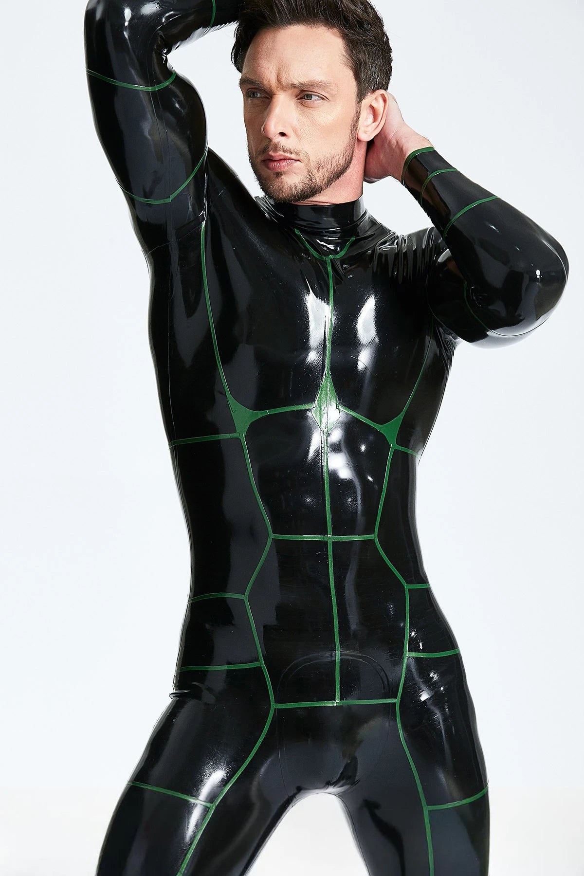 Black 'Hexagonal' Back Zip Latex Catsuit