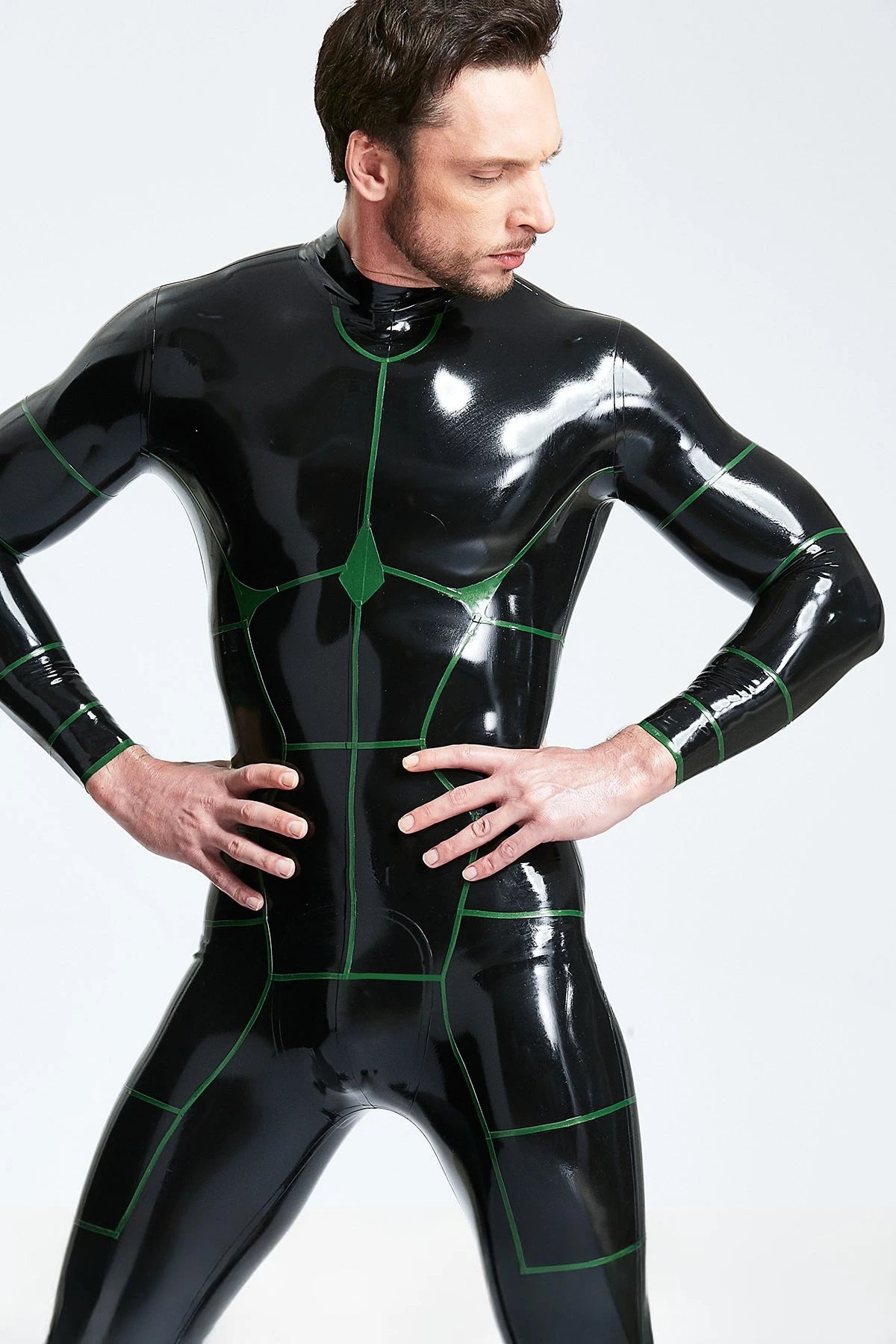 Black 'Hexagonal' Back Zip Latex Catsuit