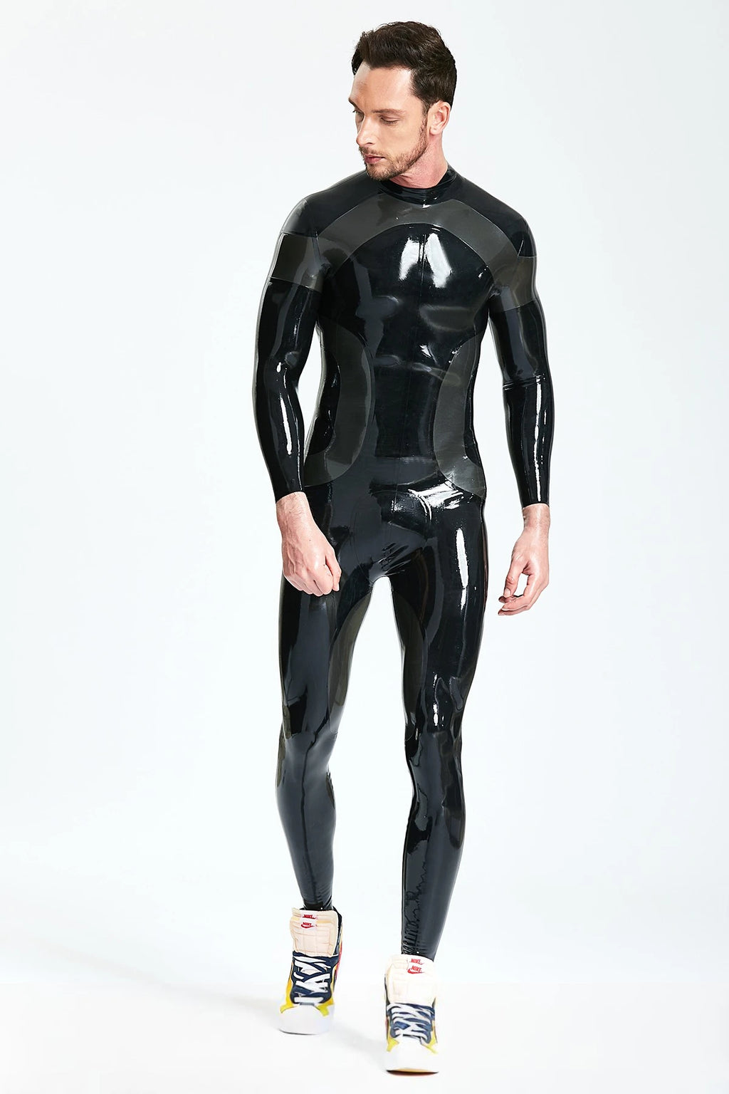 Black, trim color is Metallic Pewter Male 'Double O' Latex Catsuit