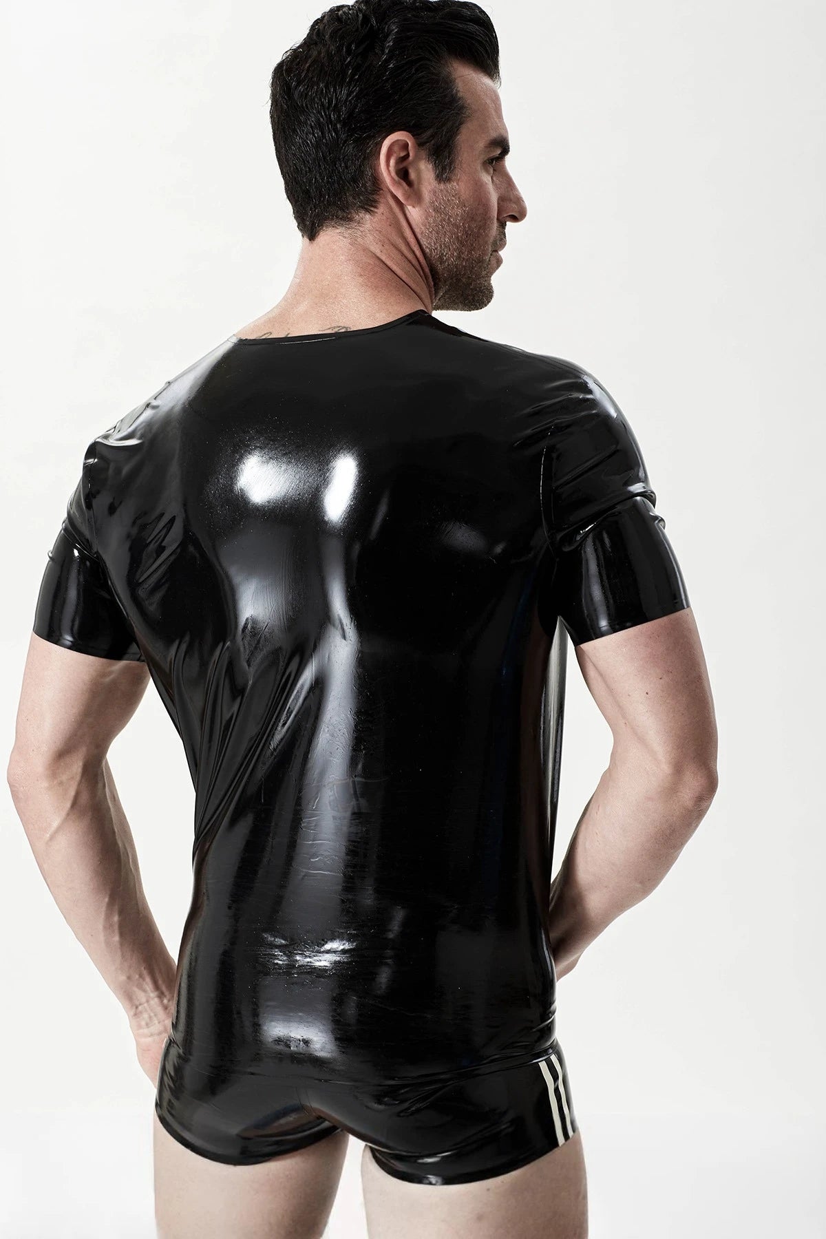 Black, trim color is Metallic Pewter Male Regular Latex Style T-Shirt