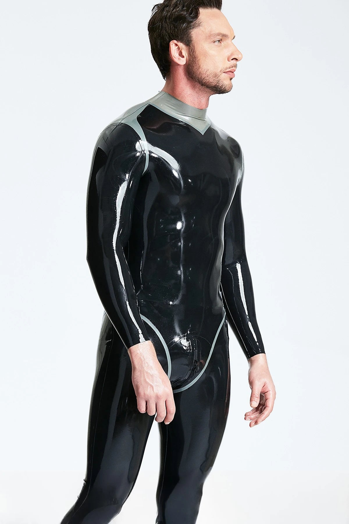 Black, trim color is Metallic Silver Male 'Andromeda' Latex Catsuit