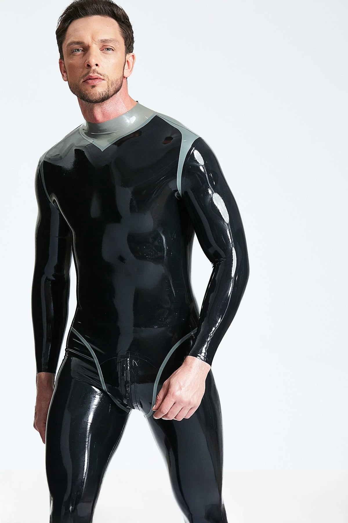 Black, trim color is Metallic Silver Male 'Andromeda' Latex Catsuit