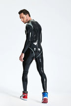 Black, trim color is Metallic Silver Male 'Andromeda' Latex Catsuit
