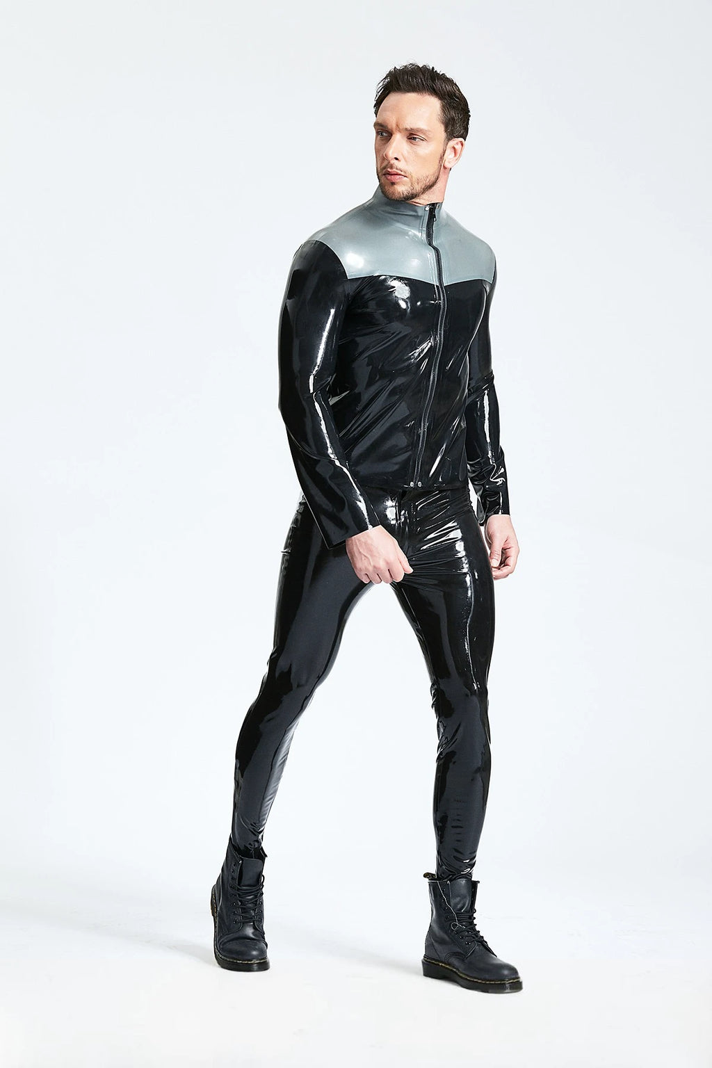 Black Male Front Zipper Casual Latex Jacket
