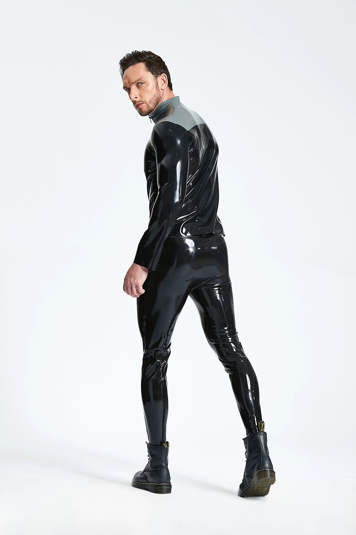 Black Male Front Zipper Casual Latex Jacket