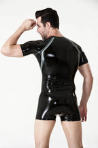 Black, trim color is Metallic Silver Male Latex Standard Raglan Sleeve T-Shirt