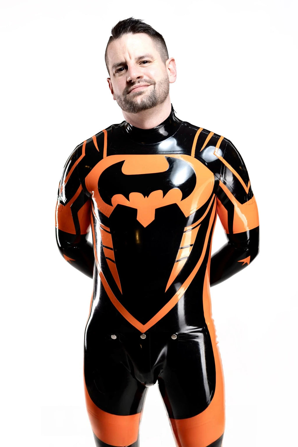 black, trim color is orange Male Anti Hero Latex Catsuit