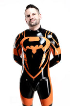 black, trim color is orange Male Anti Hero Latex Catsuit