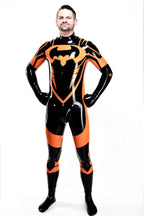 black, trim color is orange Male Anti Hero Latex Catsuit