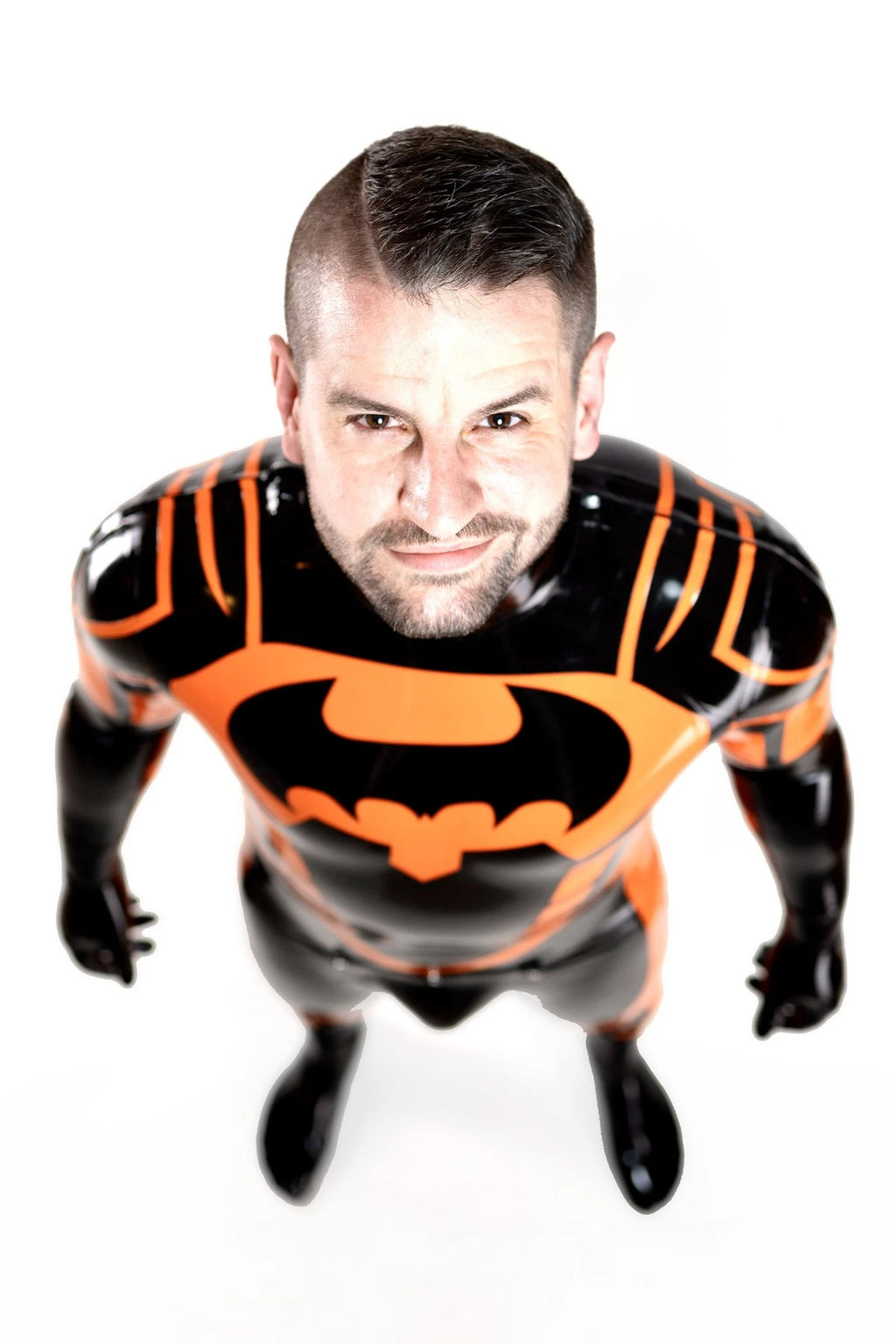 black, trim color is orange Male Anti Hero Latex Catsuit