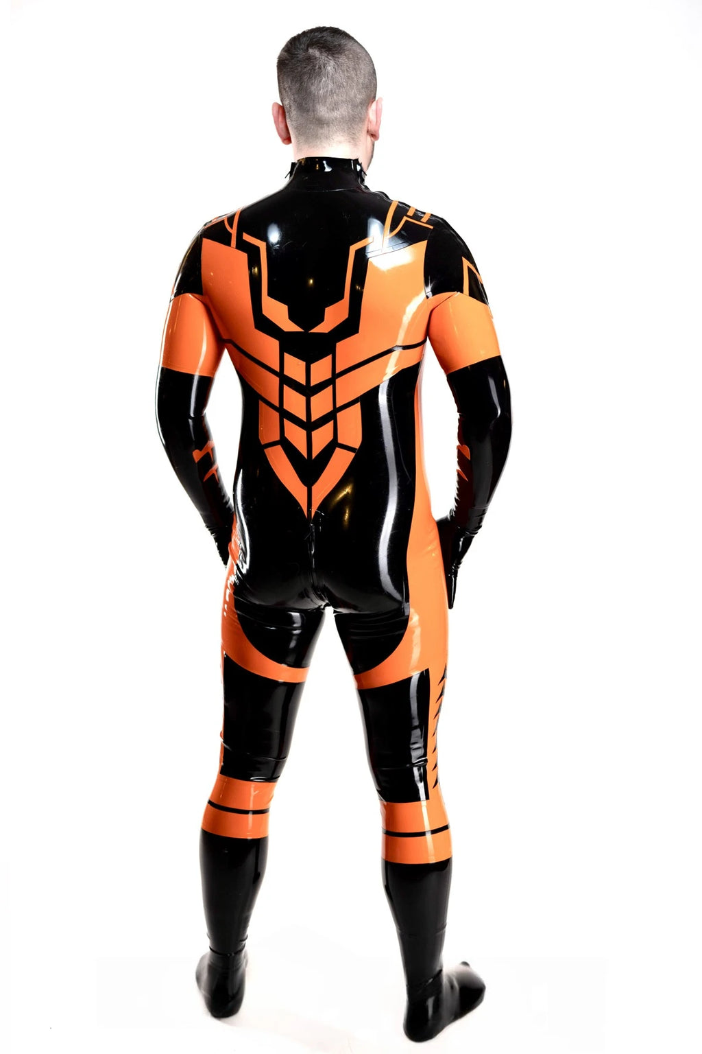 black, trim color is orange Male Anti Hero Latex Catsuit