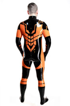 black, trim color is orange Male Anti Hero Latex Catsuit