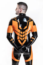 black, trim color is orange Male Anti Hero Latex Catsuit